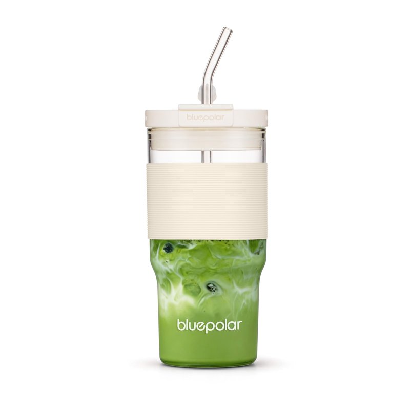 BLUEPOLAR 23oz/680ml Glass Tumbler with Straw and Lid - Leak-Proof Portable Travel Water Glass Cup for Smoothies, Iced Coffee,Matcha and Cold Beverages - Durable and Eco-Friendly (White with Sleeve)