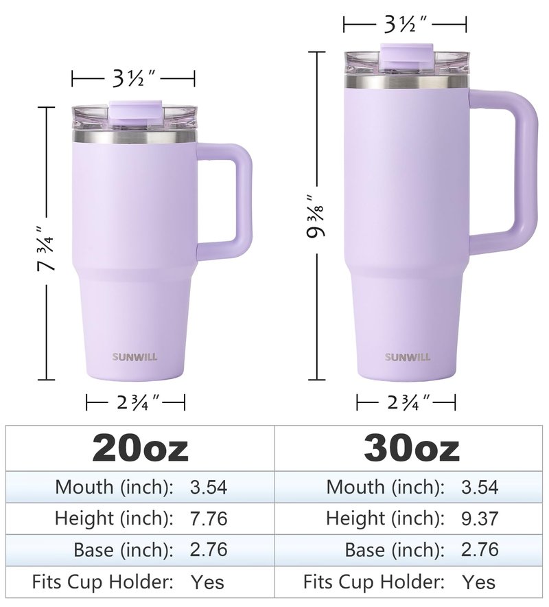 SUNWILL 20 oz Tumbler with Lid, Travel Coffee Mug with Handle and Straw Leak Proof, Stainless Steel Cup Insulated for Office & Gym, Cupholder Friendly, Powder Coated Light Purple
