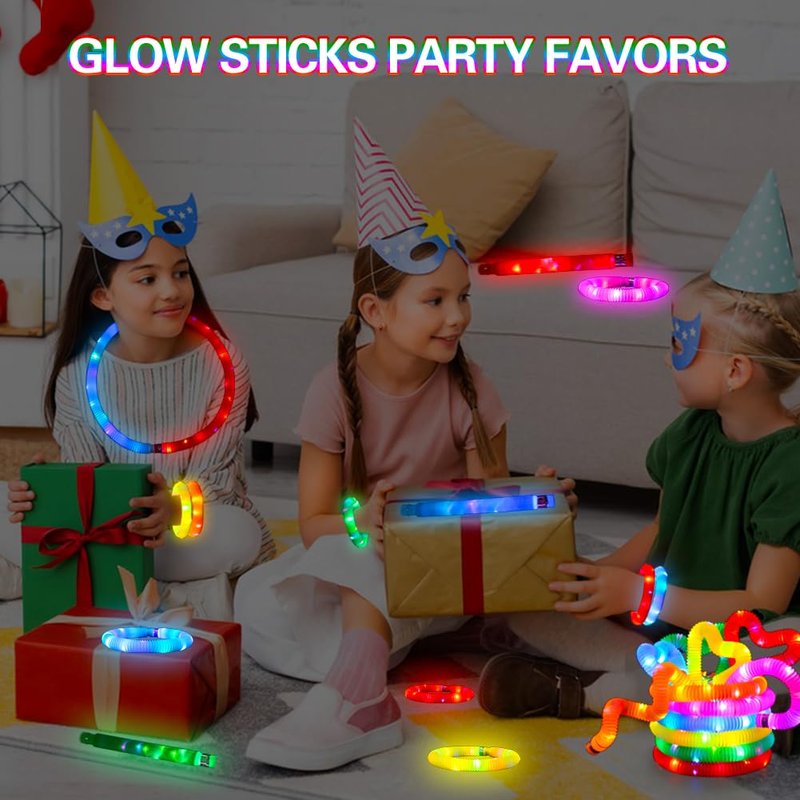 Siwarm 24 Pcs Glow Sticks Toys for Kids, LED Light Up Pop Tubes/Bracelet Party Favors for Kids,Glow in The Dark Party Supplies, Birthday Gifts Xmas Stocking Goodie Bags Stuffers Boys Girls