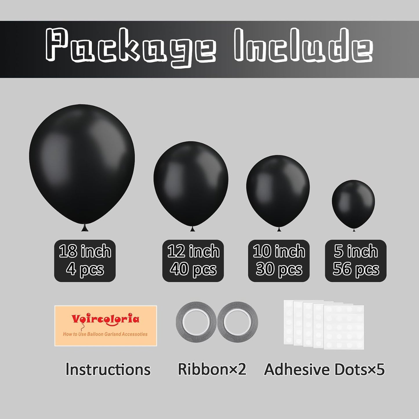 Voircoloria Black Party Balloons - 130pcs in Various Sizes for Birthday, Graduation & Celebrations