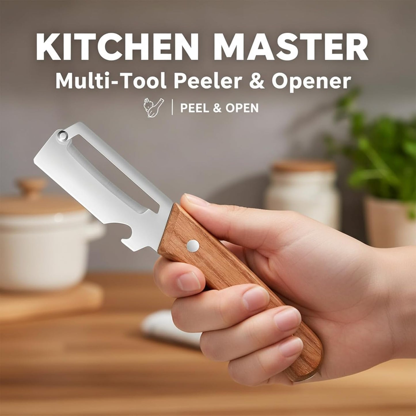 Sakerplus Multifunctional Vegetable Peeler - Premium Stainless Steel Blade with Wooden Handle & Bottle Opener
