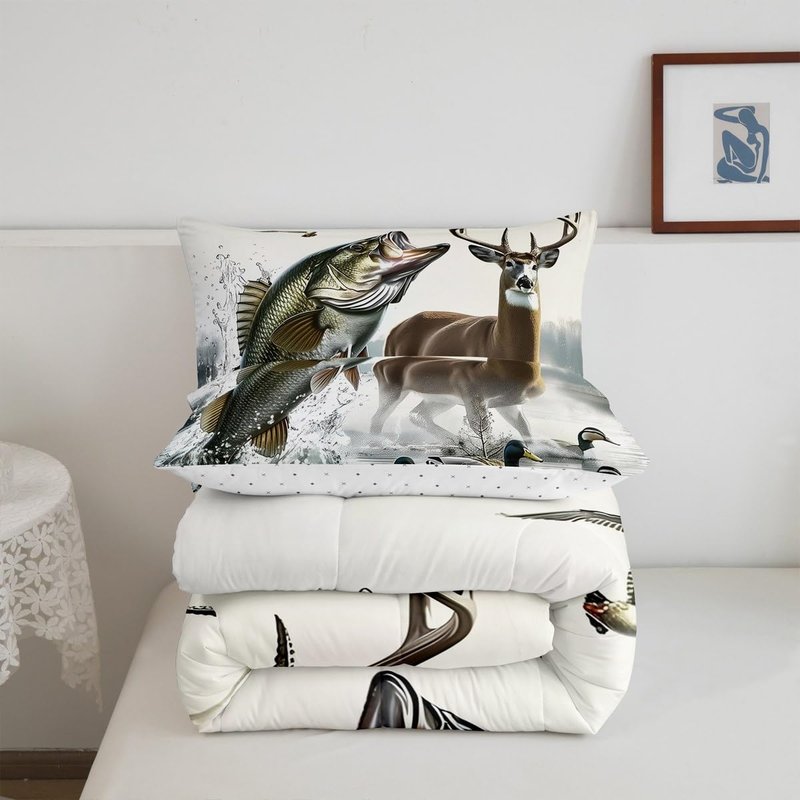Feelyou Boys Girls Deer Pike Fish Duvet Insert Twin Size, Bass Big Fish Comforter Set Fishing and Hunting Bedding Set Kids Teens Bedroom Decor Bed Set 2Pcs