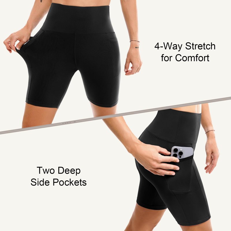 Leafigure 2 Pack Womens Biker Shorts with Pockets, High Waisted Tummy Control Yoga Shorts for Women Running Gym and Workout White/Beige S-M