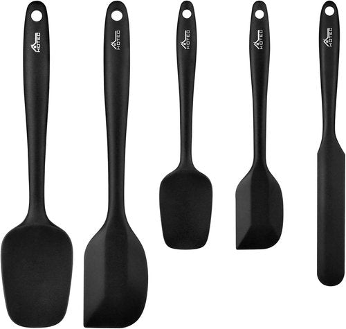 HOTEC Silicone Rubber Spatula Set - 600℉ Heat Resistant, BPA-Free, Dishwasher Safe | Black, Set of 5