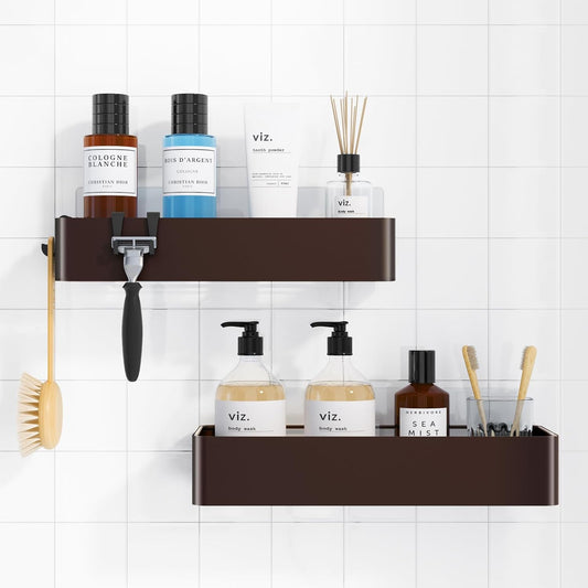 Kitsure Shower Caddy | 2-Pack Adhesive Organizer - Rustproof Metal Shelves, No-Drill, Large, Brown