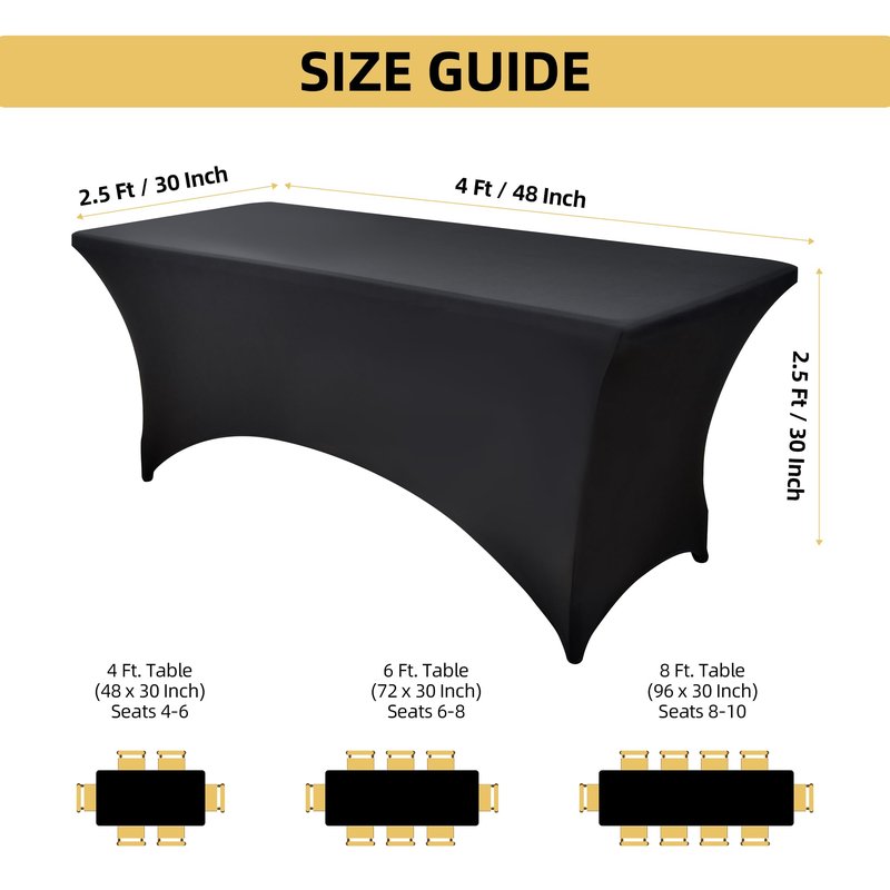 ZarzaaSik 10-Pack 4ft Black Spandex Table Covers for Rectangular Folding Tables - Wrinkle Resistant Stretch Tight Table Cloths - Fitted Table Protector for Parties, Trade Shows, Banquet, and Wedding