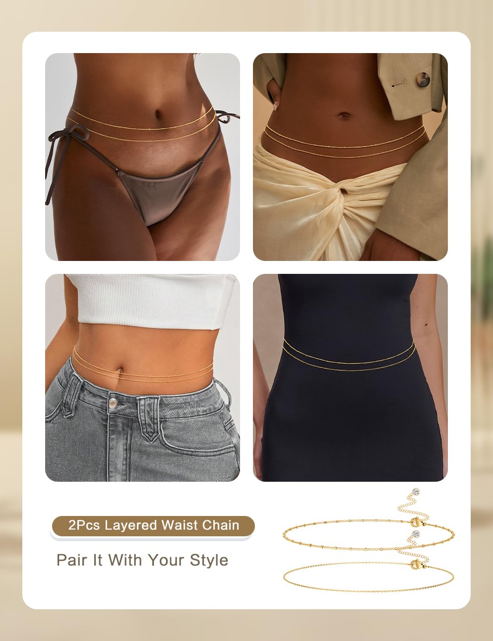 HABIKIP 14K Gold Plated Waist Beads Chain for Women, 2PCS Layered Gold Plated Belly Chain Belt Sexy Bikini Beach Waist Chain Adjustable Waterproof Cuban Body Chain Summer Jewelry Accessories for Women