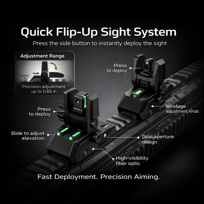 GOTICAL Fiber Optic Sights Flip Up Front and Rear Strong Polymer Folding Sights with Red and Green Fiber Optics Dots Tool-Free Adjustable Backup Sight Set for Picatinny Rails