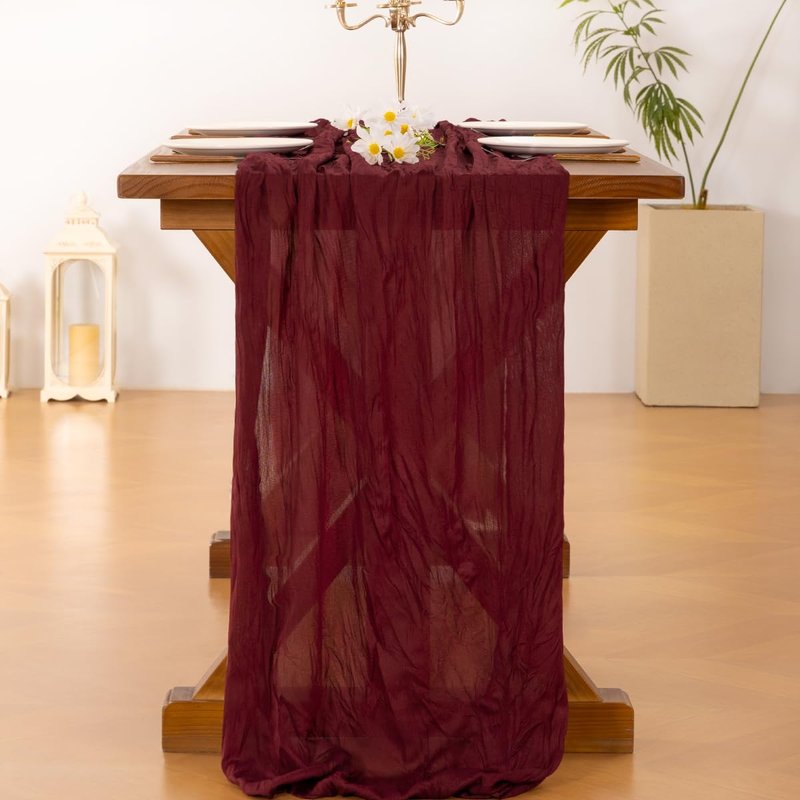 Socomi Burgundy Red Summer Table Runner Cheesecloth Boho Rustic Gauze 120 inch 10FT Cheese Cloth Sheer Runner for Wedding Party Baby Shower Birthday Home Decor Holiday Decorations