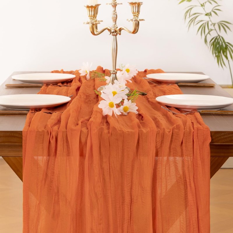 Socomi 3pcs Orange Cheesecloth Table Runner Summer Boho Rustic Gauze 120 inch 10FT Cheese Cloth Sheer Runner for Wedding Party Baby Shower Birthday Home Decor Holiday Decorations