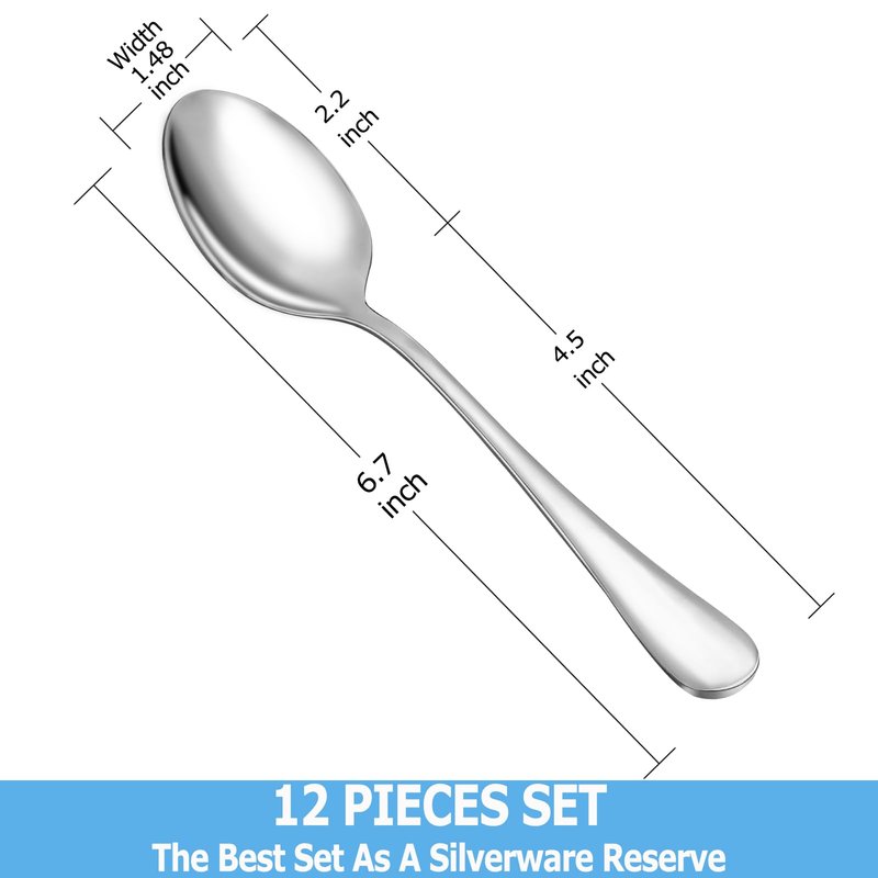 12 Piece Teaspoons Set,Food Grade Stainless Steel Tea Spoons,Durable Small Spoons,Metal Dessert Spoon,Spoon Silverware for Home,Kitchen or Restaurant,Mirror Polished & Dishwasher Safe,6.7-Inch