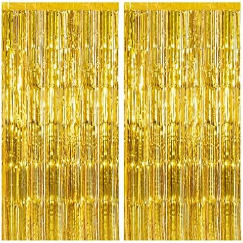 Skiennix Gold Fringe Curtain Backdrop - 2 Pack Tinsel Streamers for Party Decorations | Photo Booth & Events