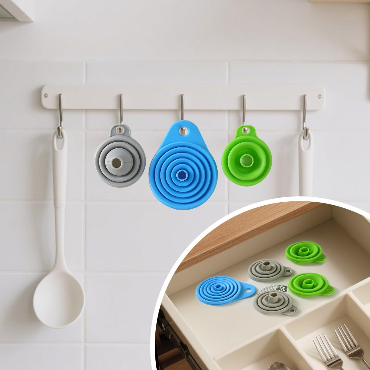 Skiennix Silicone Collapsible Funnels - 6 Pack Kitchen Set for Easy Filling | 3 Small & 3 Large, Food Grade