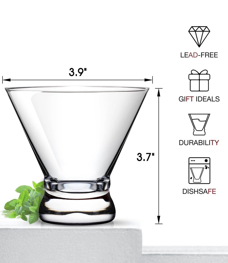 LUNA & MANTHA Martini Glasses Set of 6, Stemless Martini Cocktail Glasses for Margarita, Manhattan, Cosmopolitan, Home Bar, Evening Parties, Birthdays, Housewarming Gift, Crystal Clear 8 OZ