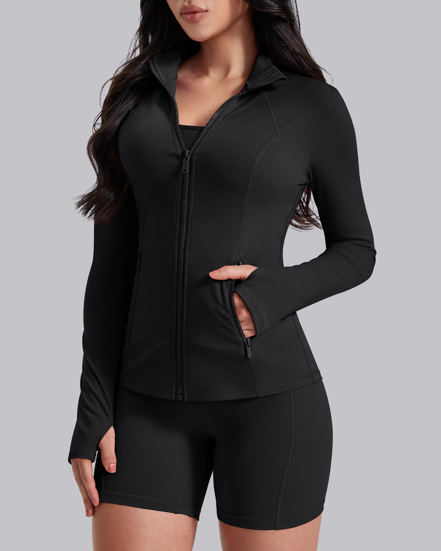 AVGO Womens Workout Jackets Lightweight Athletic Zip Up Jacket Slim Fit Running Gym Top with Pockets & Thumb Holes(Black, S)