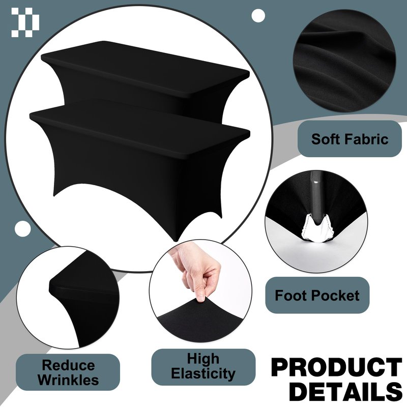 Trlyc 2 Pack 6FT Spandex Table Cloth - 72 x 30 Inch Rectangular Stretch Tablecloth, Wrinkle Resistant Scretch Table Cover for Wedding, Party, Banquet, Picnic, Outdoor Decoration (2Pcs,Black)