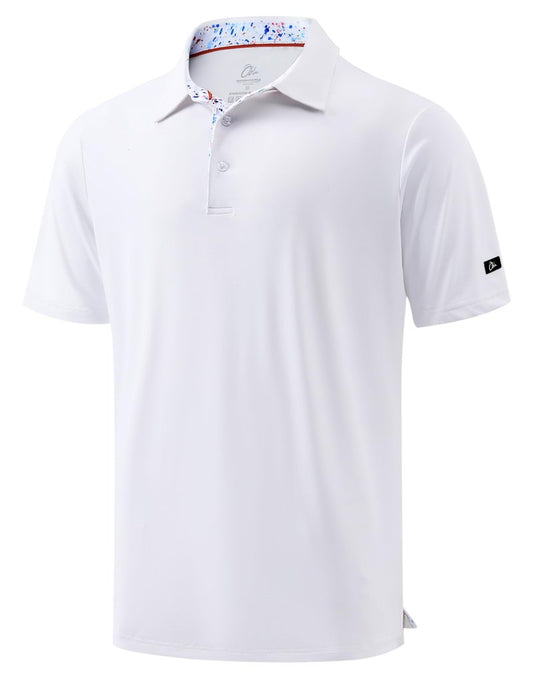 Obla Mens Golf Shirt Short Sleeve Dry Fit Moisture Wicking Performance Athletic Casual Work Collared Polo Shirts for Men (White/Colored Dots_L)