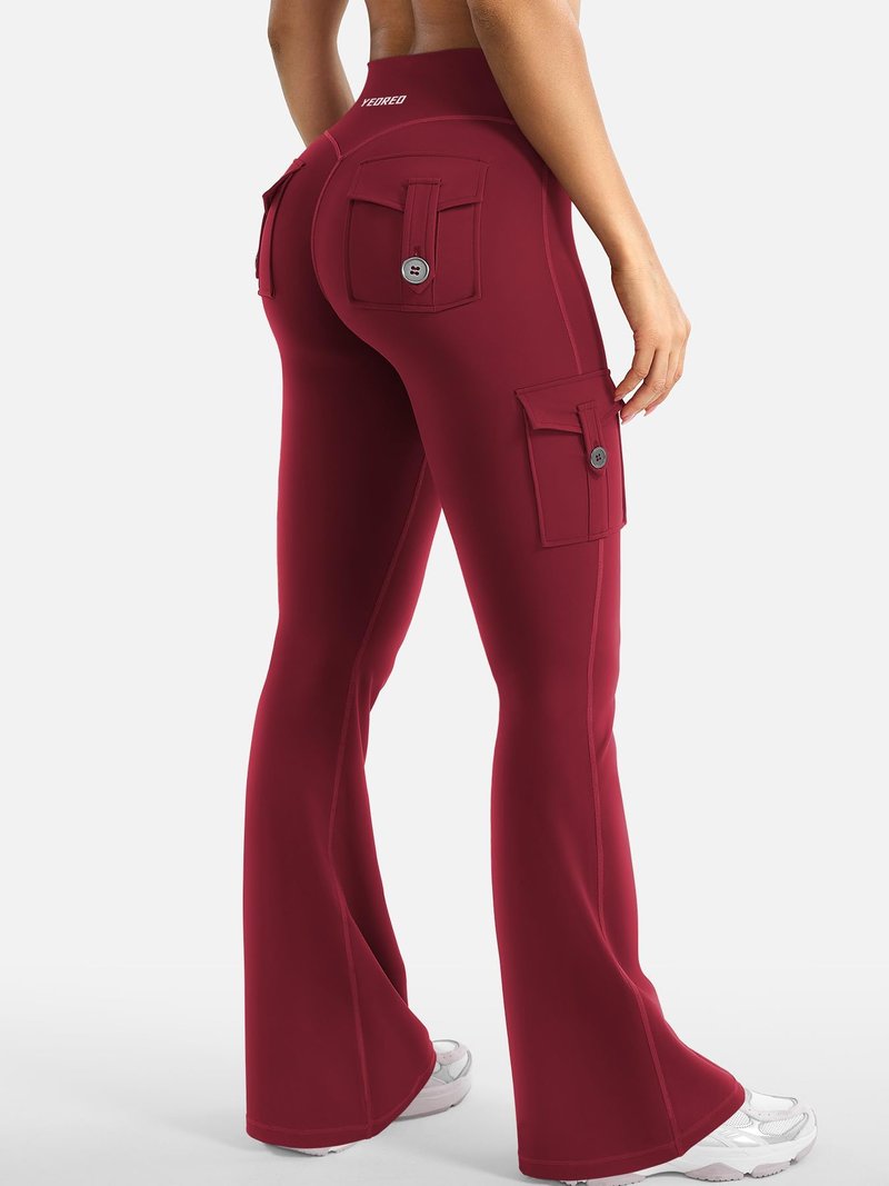 YEOREO CoreFlex Women Workout Flare Leggings with Pockets Hidden Scrunch Cargo Gym Yoga No Front Seam Leggings Wine S