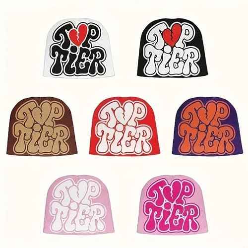 Y2K Beanie Top Tier Letter Print-Winter Knitted Hat Cool Grunge Style for Warmth for Men Women