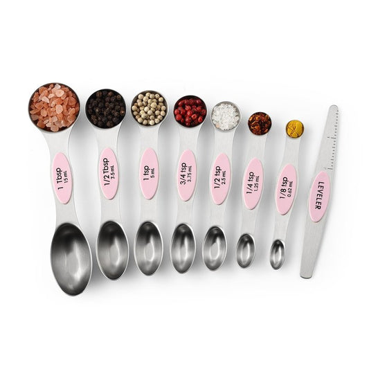 Spring Chef Stainless Steel Magnetic Measuring Spoons Set of 8 with Leveler, Dual Sided Teaspoon & Tablespoon Measuring Spoons with Strong Magnets, Kitchen Gadgets for Baking & Cooking - Pink Lemonade