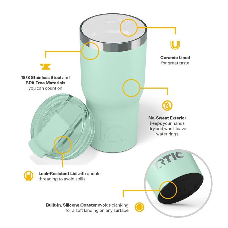 RTIC 20oz Essential Tumbler with Lid, Ceramic Lined, Insulated, Stainless Steel, Metal, Double Wall Vacuum-Insulation, Travel Cup for Iced Coffee, Tea, Hot and Cold Drink, Fresh Mint