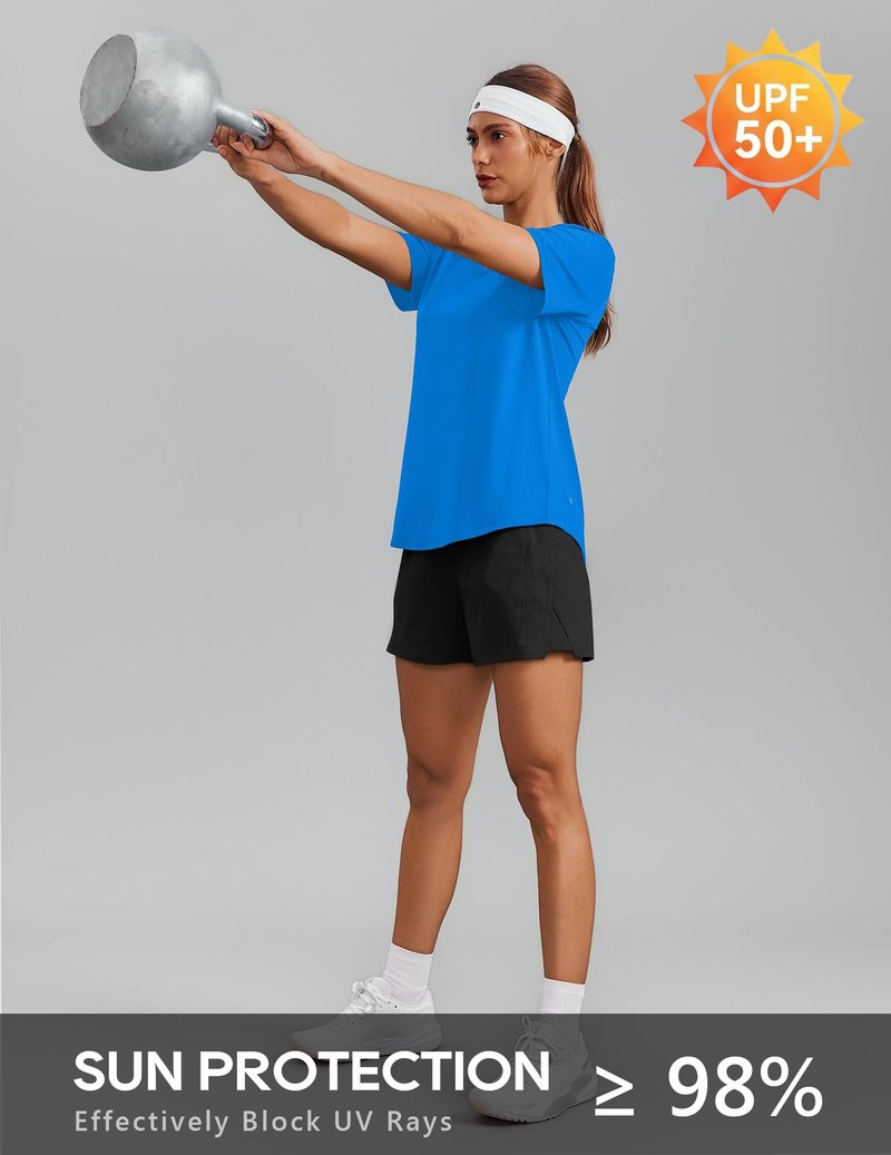 PINSPARK Quick Dry Workout Tops for Women Short Sleeve V Neck Moisture Wicking Athletic Gym Shirts Running Hiking T-Shirts,Sparkle Blue Medium