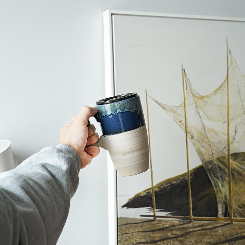Bosmarlin Ceramic Travel Coffeel Mug with Handle and Lid, 18 oz, Portable Coffee Cup for Car Cup Holder, Microwave and Dishwasher Safe, Reactive Glaze (Deep Blue)