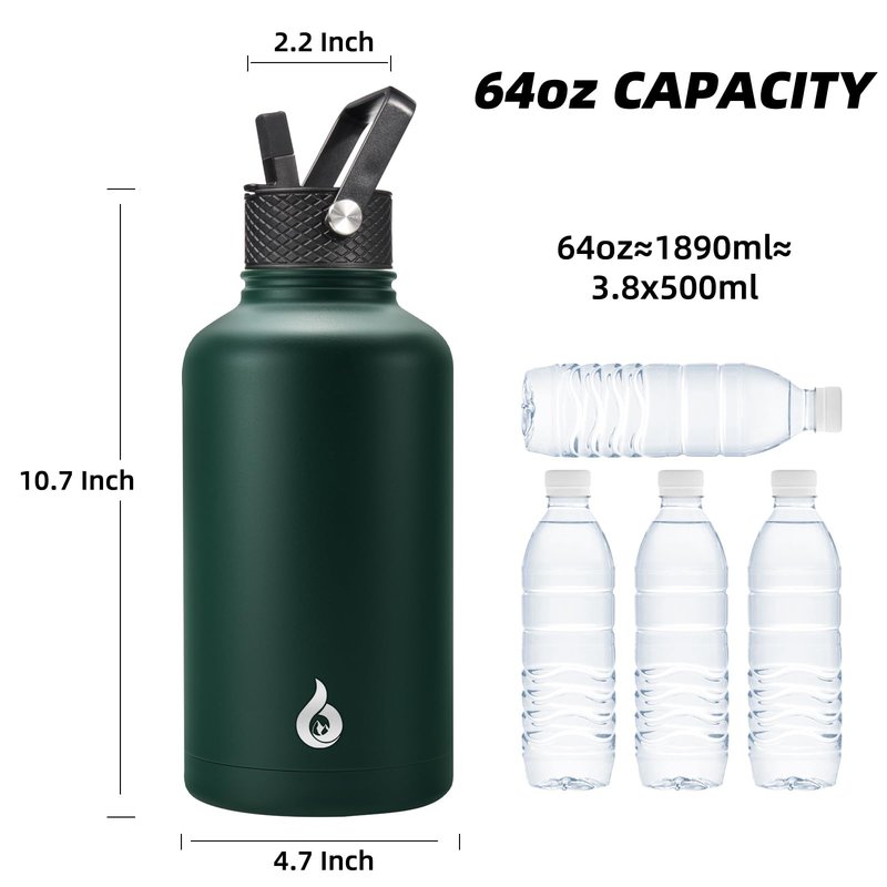 BJPKPK Half Gallon Insulated Water Bottles with Straw Lid, 64oz Large Water Jug, Stainless Steel Bottles with 3 Lids and Paracord Handle, Thermo for Hot & Cold Liquid, Army Green