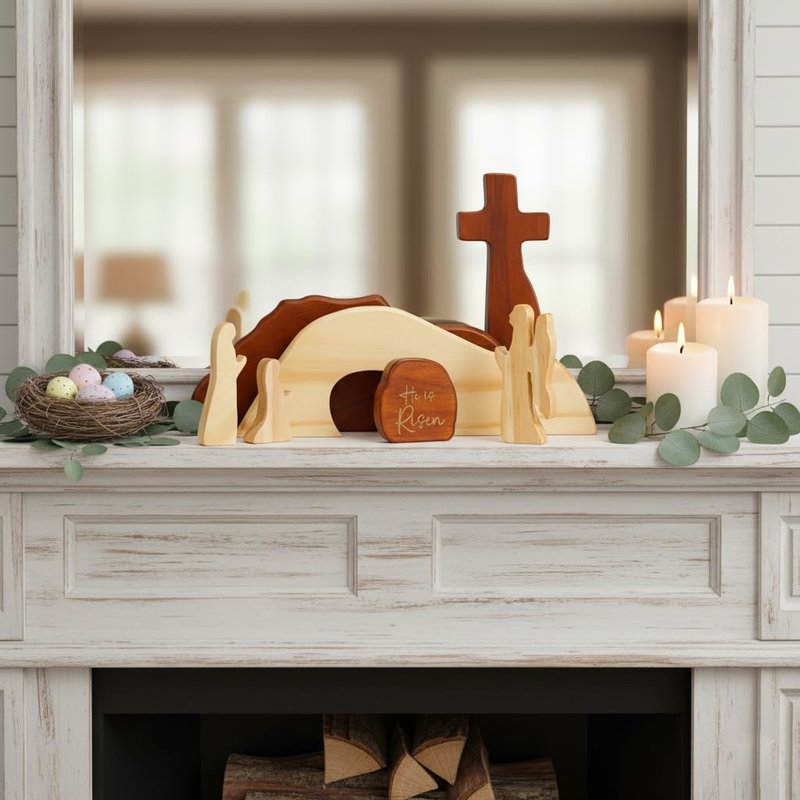RUSATEN He is Risen Easter Decor – Wooden Resurrection Scene with Empty Tomb, Cross & Figurines, Christian Religious Tabletop Decoration for Home, Faith Easter Gift, Easter Basket Stuffer