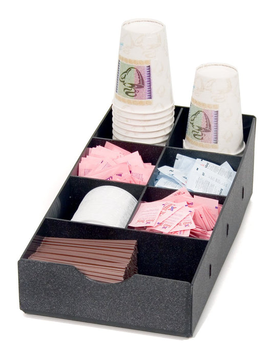 Vertiflex 7-Compartment Black Plastic Condiment Caddy, Modern Style, 8.5 x 16 x 5.25 Inches