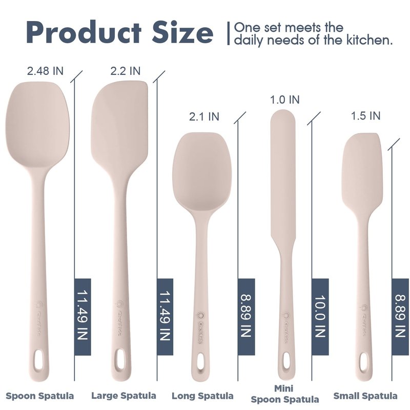 ChefAide 5 Pieces Silicone Spatula Set, Food Grade Rubber Spatula, Upgrade Strong Handle with Ergonomic Grip, Heat Resistant Up to 600°F for Nonstick Cookware, Cooking