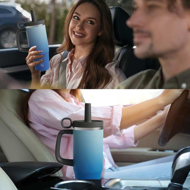 ZZT 40 oz Tumbler with Handle and Straw Lid,Leak Proof Metal Sports Water Bottle Jug,Stainless Steel Insulated Travel Coffee Mug-Fits in Cup Holder-Gifts for Women & Men (Blue White)