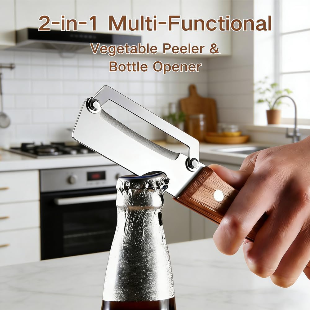 Skiennix Multi-Functional Vegetable Peeler - 2-in-1 Stainless Steel with Wooden Handle & Bottle Opener | 2 Pack