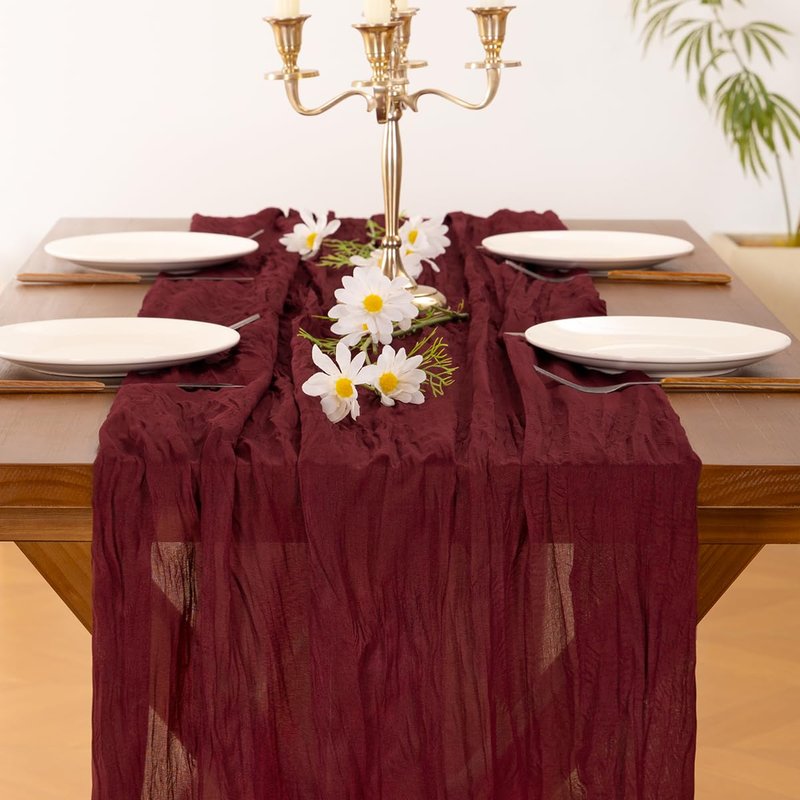 Socomi Burgundy Red Summer Table Runner Cheesecloth Boho Rustic Gauze 120 inch 10FT Cheese Cloth Sheer Runner for Wedding Party Baby Shower Birthday Home Decor Holiday Decorations