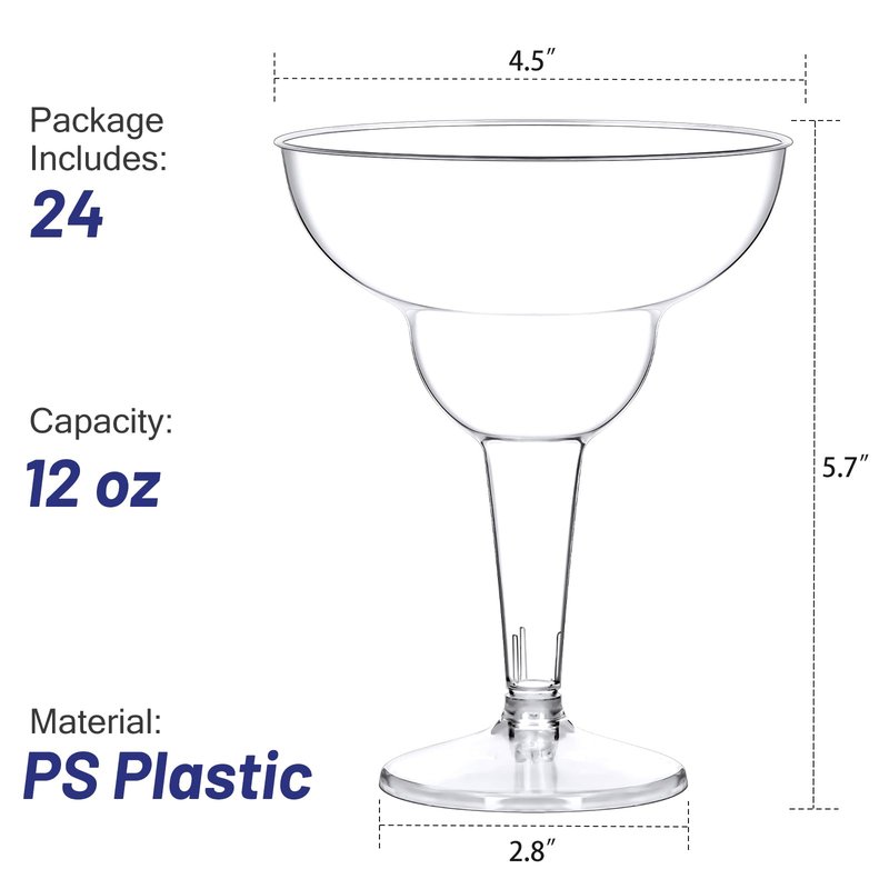 Qeirudu 12 oz Clear Plastic Margarita Glasses, 24 Pack Unbreakable Cocktail Cups Shatterproof Party Cups for Wine, Martini, Champagne
