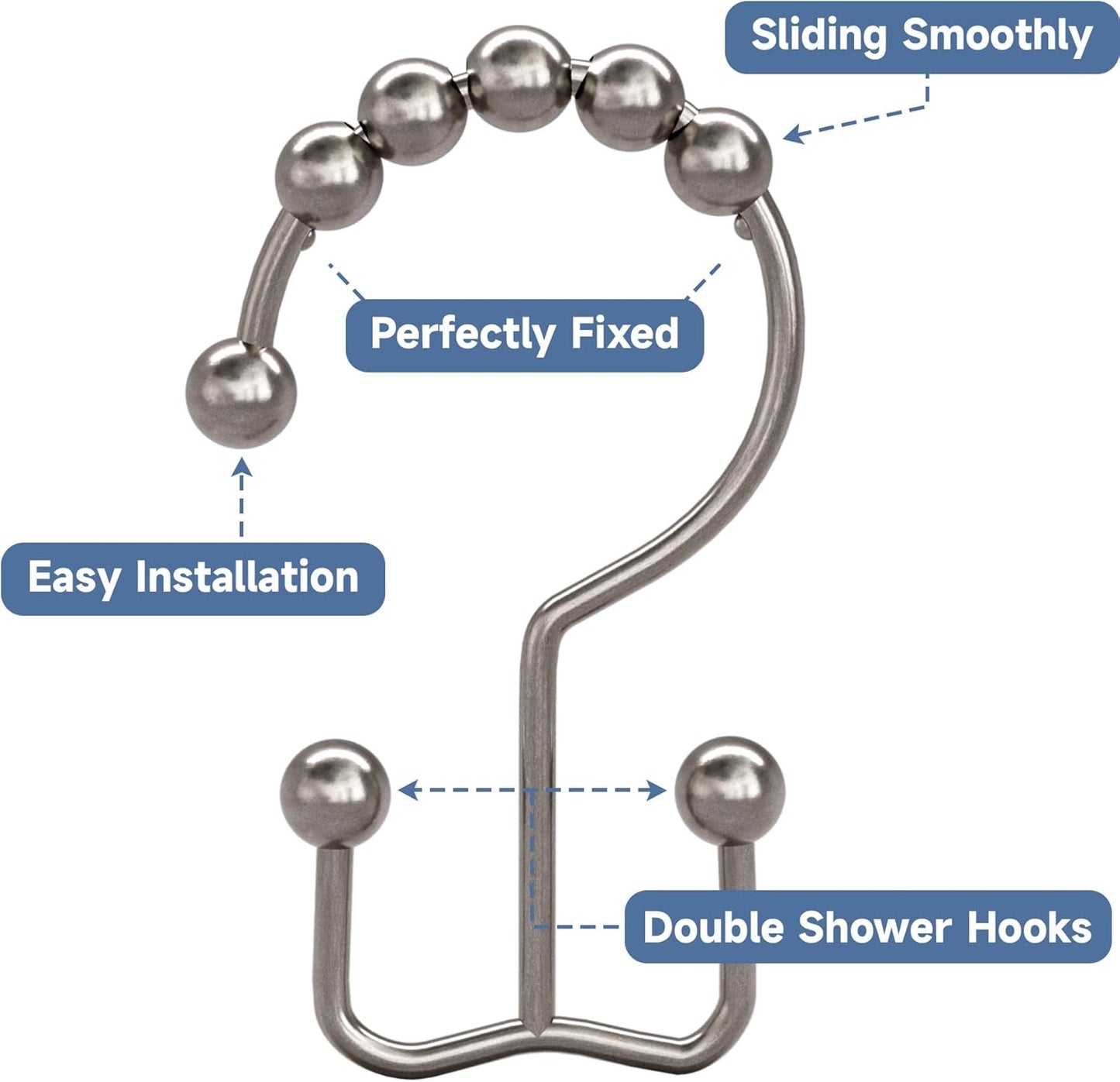 Titanker Shower Curtain Hooks - Rust Resistant Metal Double Glide for Easy Use | Set of 12, Nickel Finish