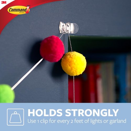 Command Decorating Clips, 40 Clips and 48 Strips, Damage-Free Hanging Light Clips with Adhesive Strips, No Tools Small Wall Clip for Hanging Lights and Cables