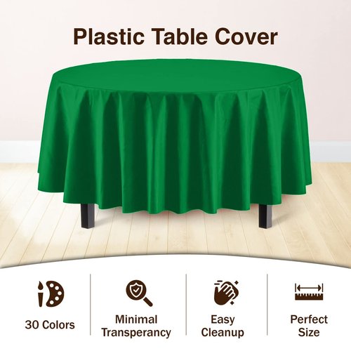 Exquisite Party Solids 6-Pack Premium Plastic Tablecloth 84in. Round Plastic Table Cover - Emerald Green