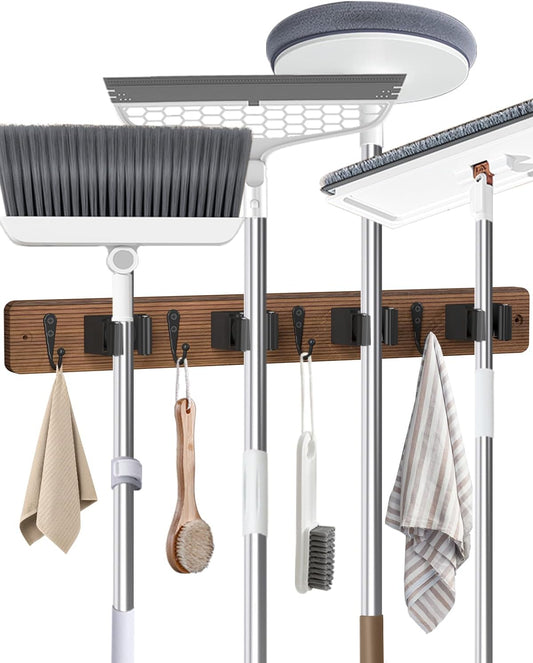 Skiennix Wall Mounted Broom Holder - 4 Holders & Hooks for Easy Mop Storage | Natural Pine Wood