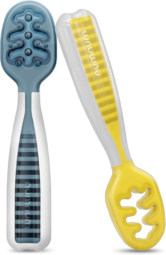 NumNum Baby Spoons Set - Silicone Self-Feeding Utensils for Baby Led Weaning | BPA-Free, 2 Pack Blue/Yellow, 6+ Months