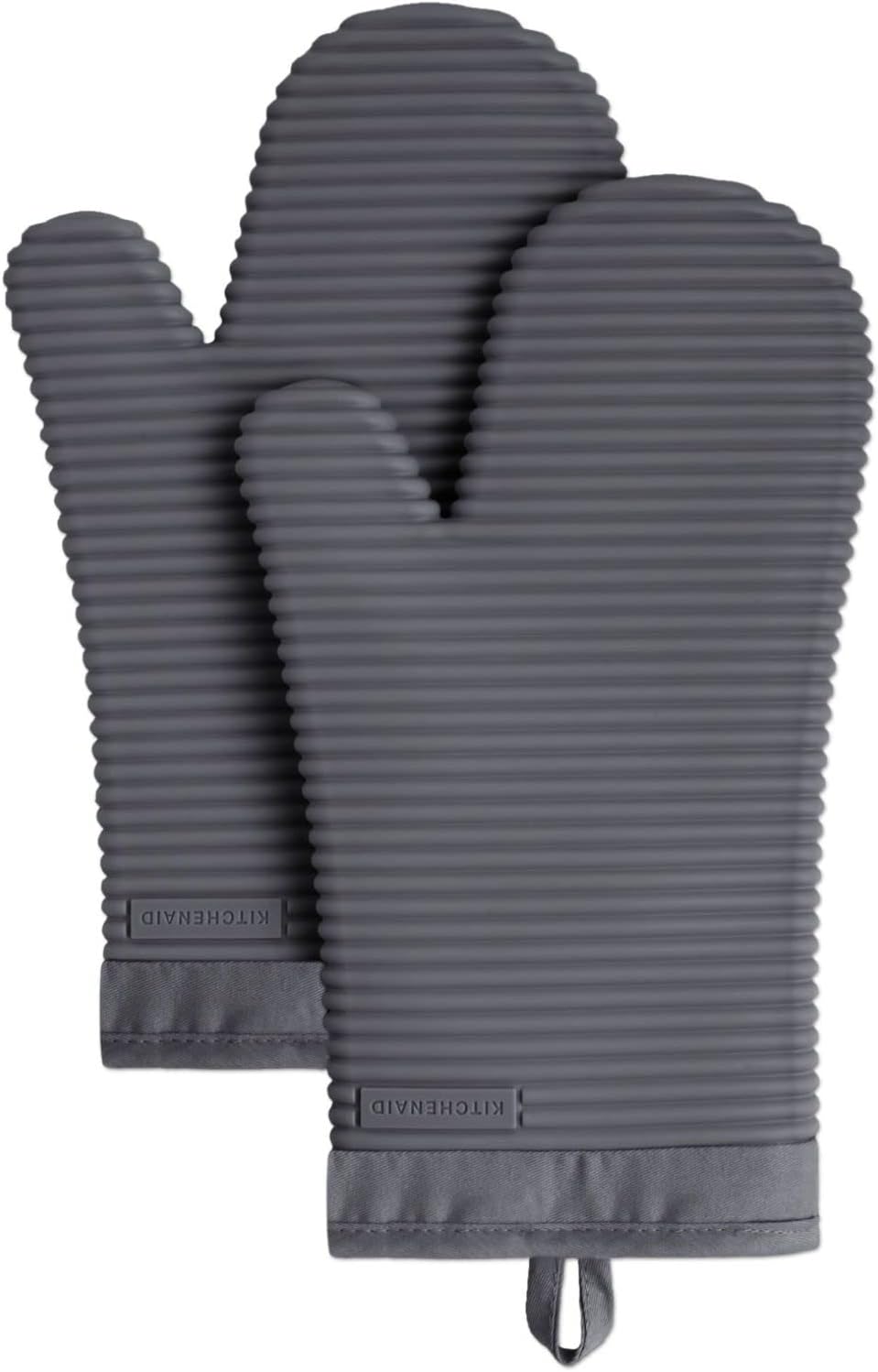 KitchenAid Ribbed Soft Silicone Oven Mitts - 2-Pack Set, 7.5"x13", Charcoal Grey for Heat Protection