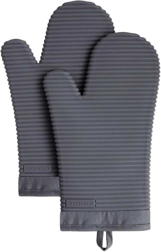 KitchenAid Ribbed Soft Silicone Oven Mitts - 2-Pack Set, 7.5"x13", Charcoal Grey for Heat Protection