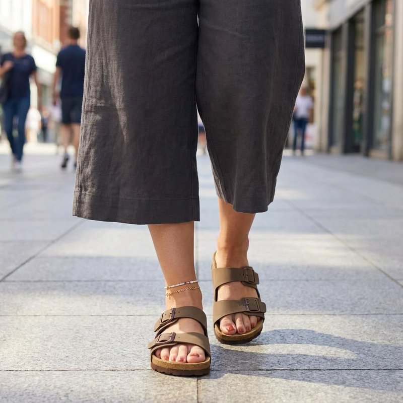 CUSHIONAIRE Lane Cork Footbed Womens Sandals Comfortable Double Buckle Slip On Sandals for Women with Arch Support and Classic Two Strap Design, BROWN 8