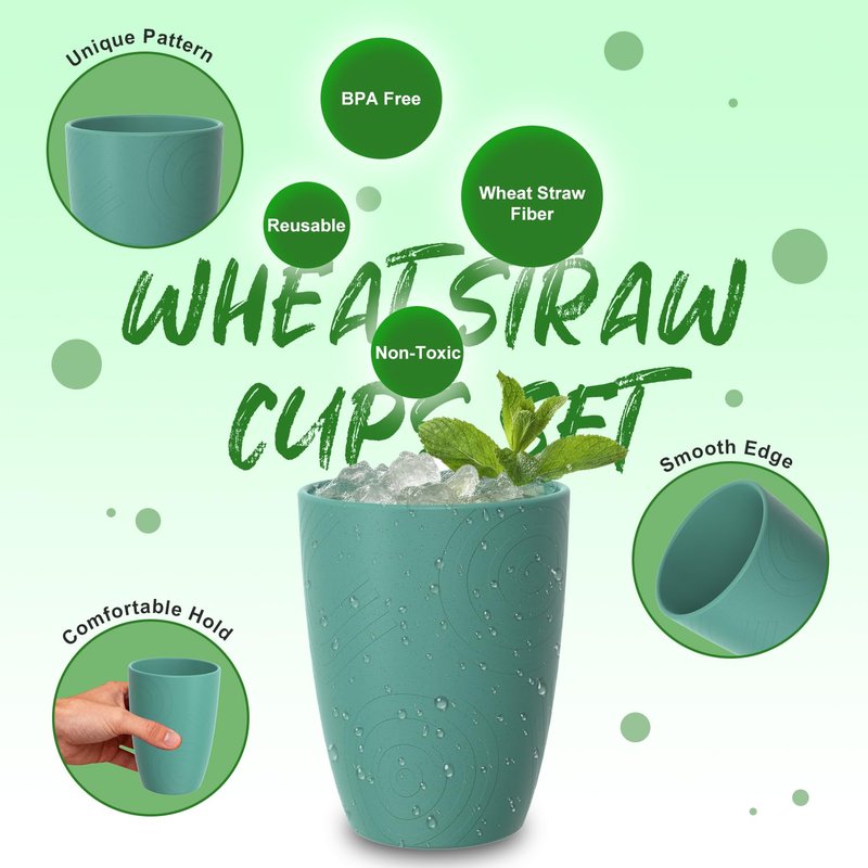 Perlapoc Wheat Straw Cups, Plastic Cups Reusable, Unbreakable Drinking Glasses Set of 6, Plastic Cups for Kitchen Camping Outdoor, 16 OZ Dishwasher Safe Tumblers & Water Glasses, Multi