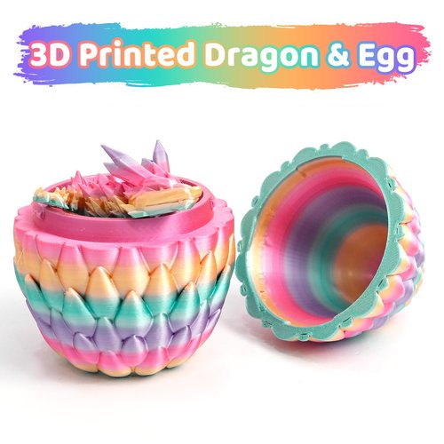 Flavery 3D Printed Dragon Egg - Rainbow - Easter Basket Stuffers, Surprise Egg with 12" Flexible Crystal Dragon Inside, Mythical 3D Printed Gift Toy, Desk Executive Pet, Figurine Decor for Birthday