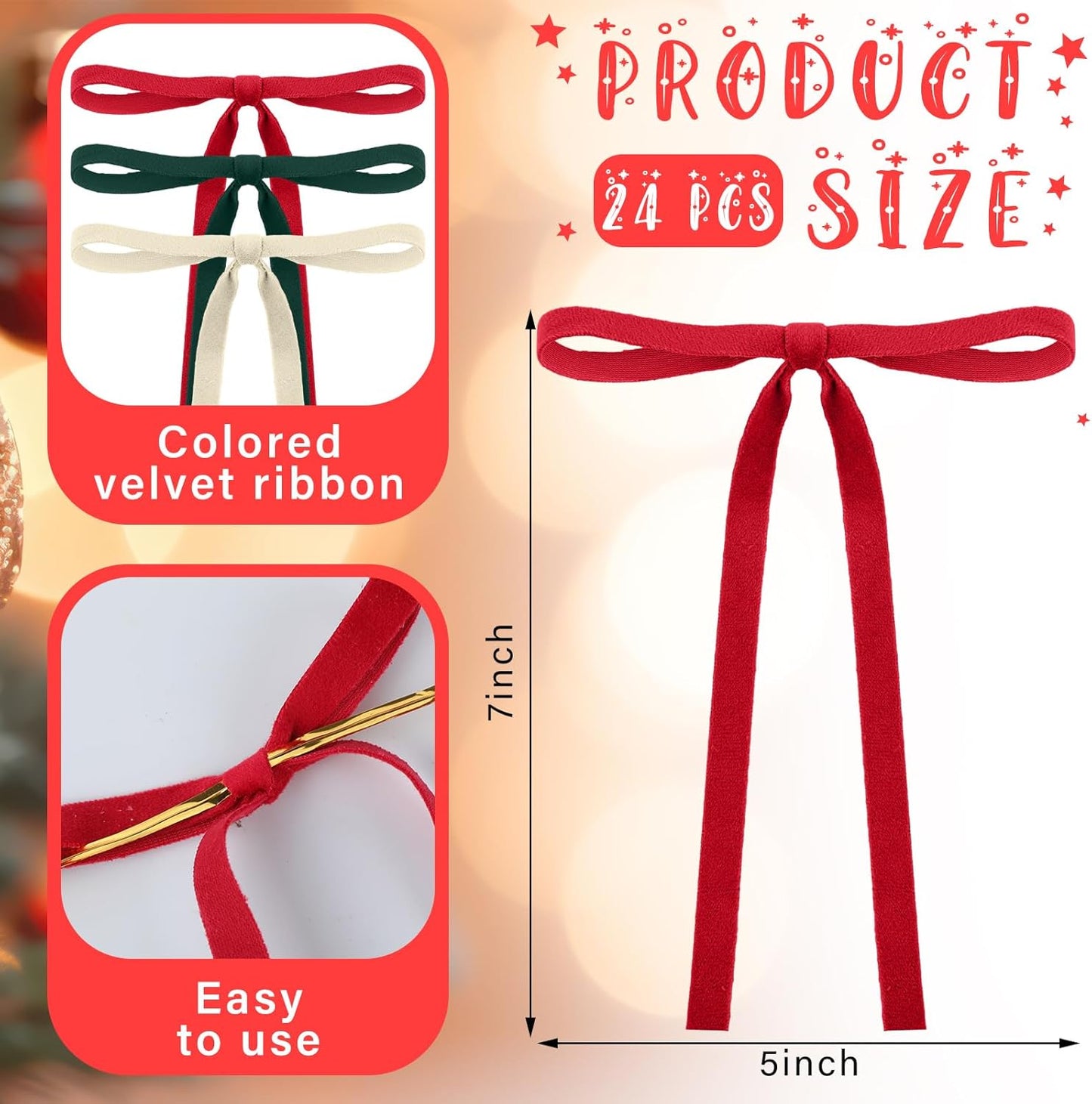 Skiennix Velvet Bows - Vintage Double-Faced Christmas Tree Ornaments | 24 Pcs, 5x7 Inch, Red/Green/White