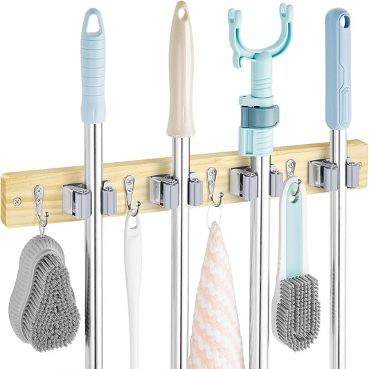 OUTNILI Mop and Broom Holder Wall Mount - Light Wood Organizer with 4 Slots & Hooks for Garage, Kitchen, Laundry Room