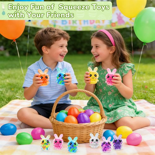 Easter Basket Stuffers 24 Pack Prefilled Easter Eggs with Bunny Stress Ball Fidget Toy 12 Color Squeeze Squishy Relief Toy for Kids Boys Girls Filler Easter Egg Hunt Party Favors Gifts Classroom Prize