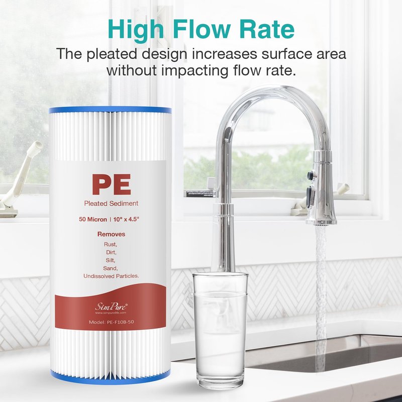 SimPure 10"x4.5" Pleated Sediment Water Filter, 50 Micron Whole House Water Filter Cartridge for Well Water Compatible with FXHSC, ECP20-BB, R50-BBSA, CB1-SED10-BB (4 Pack)