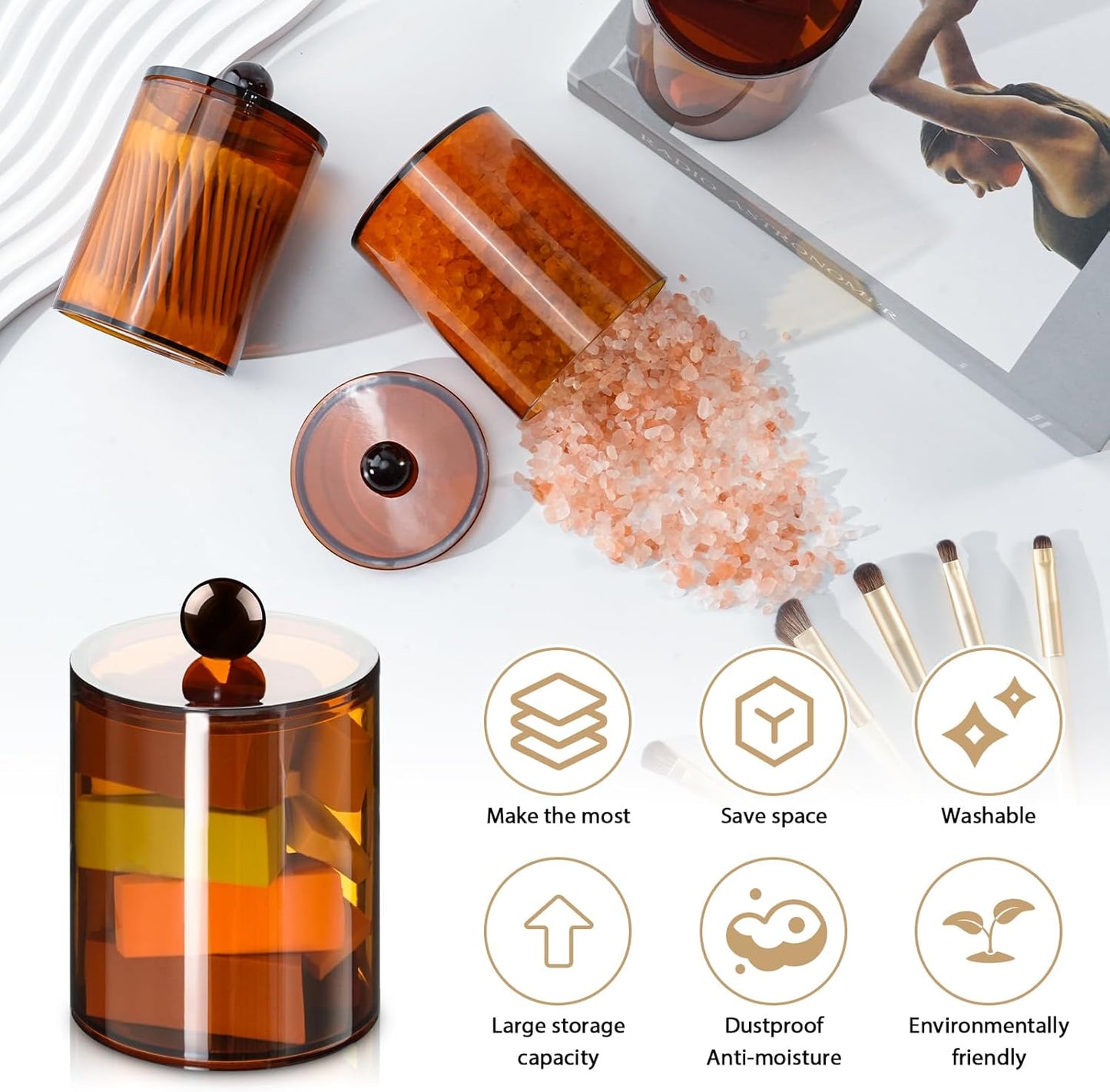 XIPENGKEJI Qtip Holder Set - 4 Pack Apothecary Jars with Lids for Cotton Swabs & Pads | 10oz-12oz Brown
